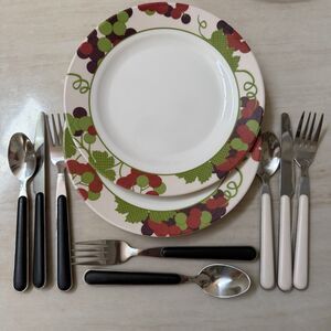 Picnic Time Plates & Flatware Set 10pc Grape Vine Pattern Stainless Black/Cream